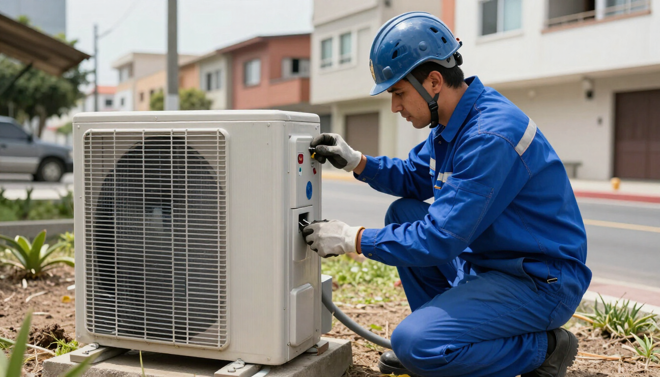 Técnico con uniforme azul inspeccionando una unidad de aire acondicionado exterior junto a una casa.