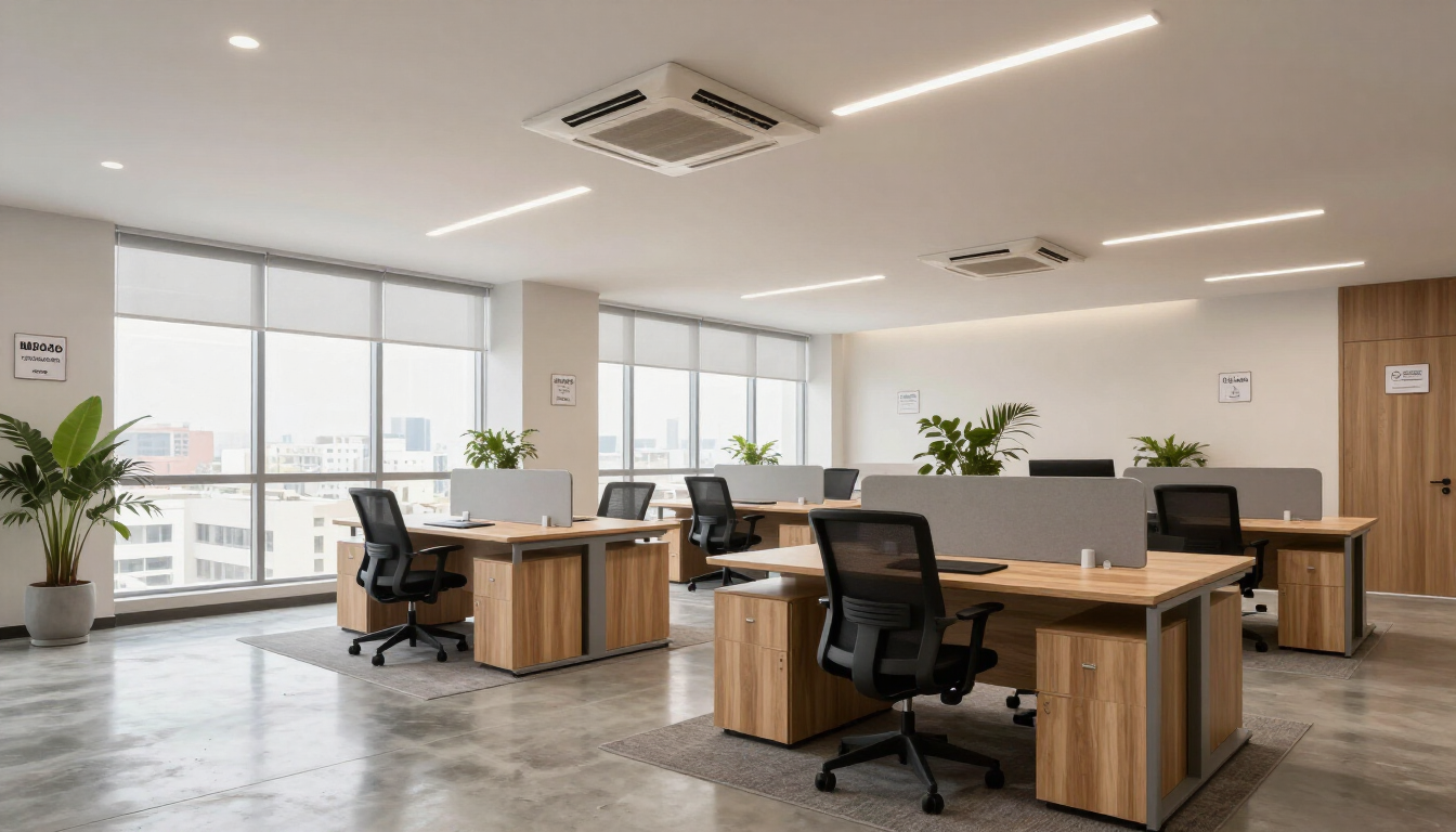 Oficina luminosa de planta abierta con escritorios de madera, sillas negras, grandes ventanales y plantas en macetas.