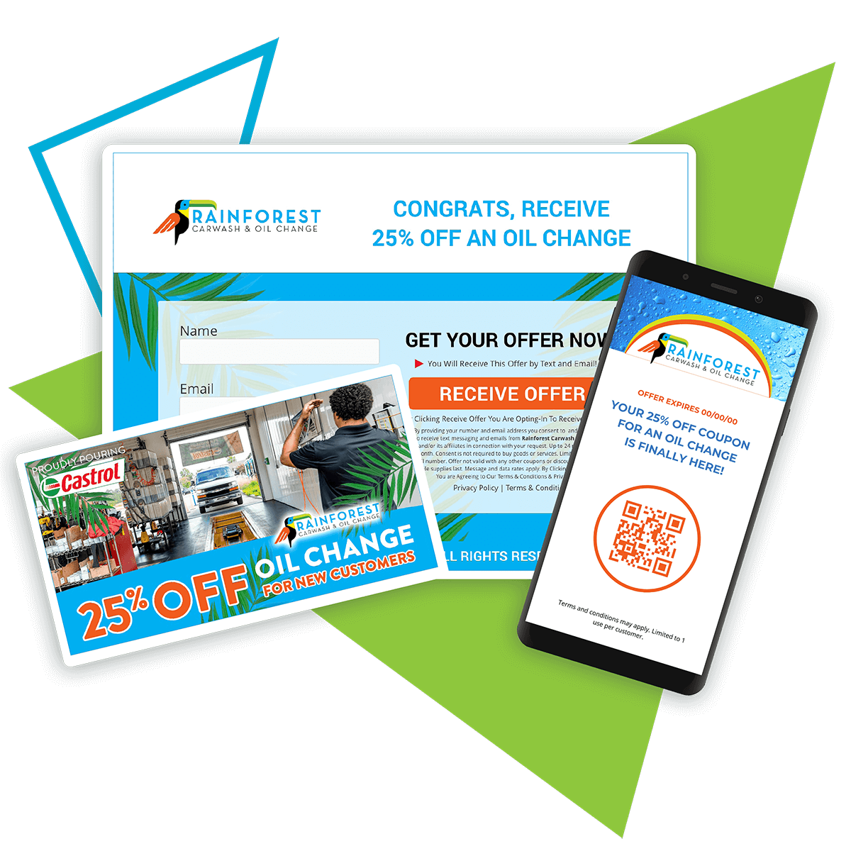 Promotional materials: A coupon, web form, and phone display a 25% off oil change offer from Rainforest.