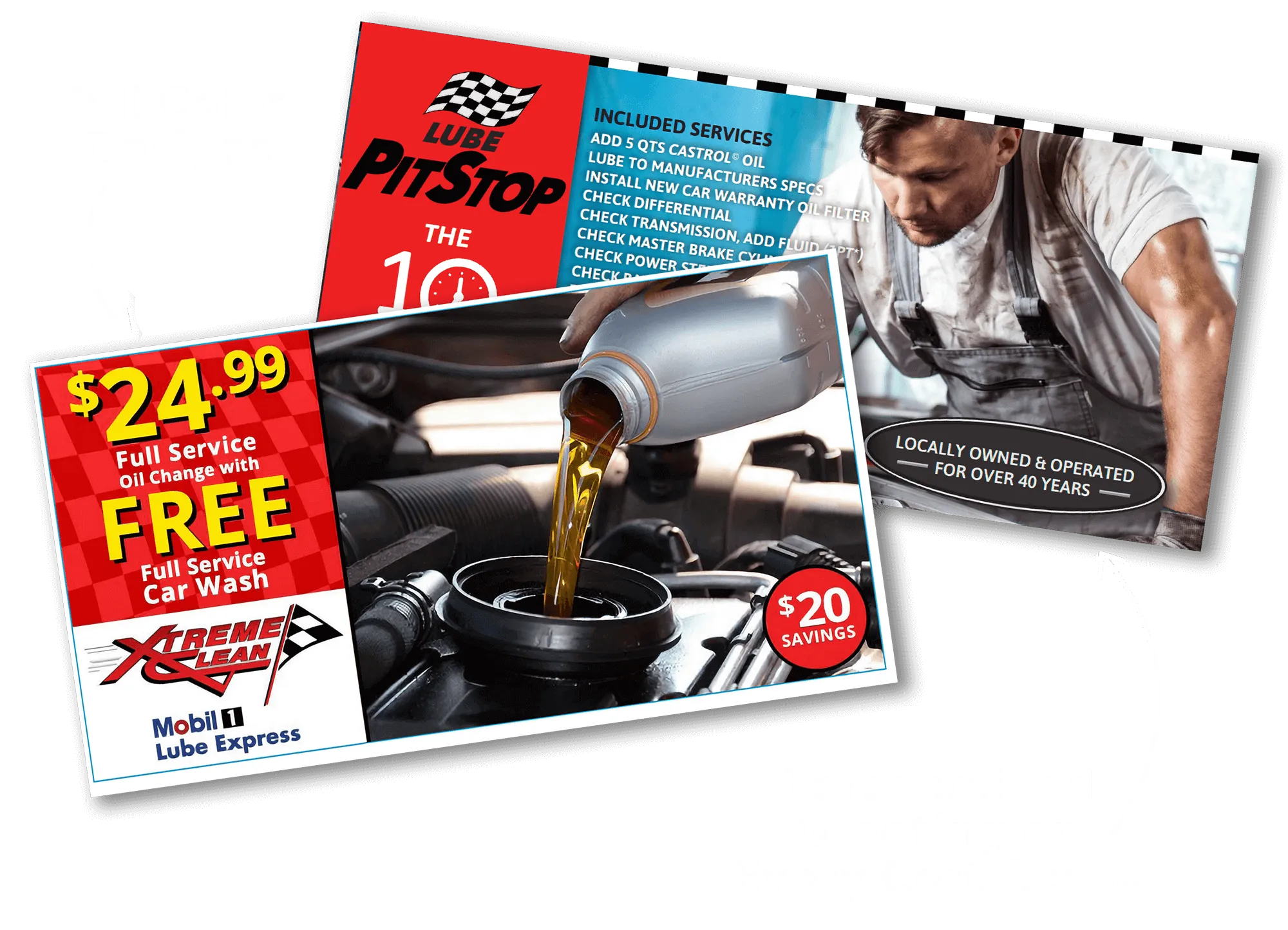 Coupons for oil change service at a car shop. Oil is being poured into an engine.