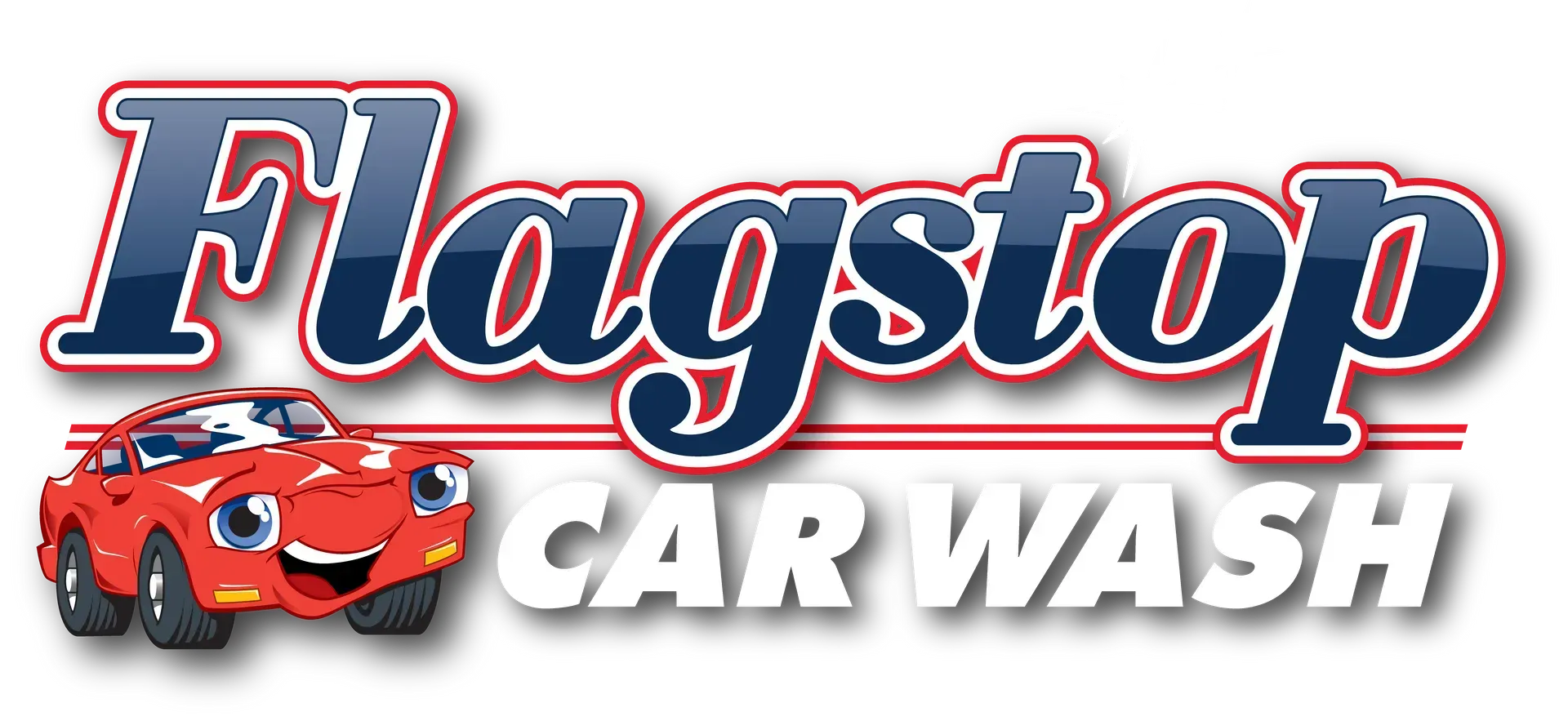 Flagstop Car Wash logo with a smiling cartoon car and the company name.