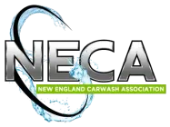 NECA logo: Bold silver letters with water splash and green banner 