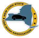 New York State Car Wash Association logo: blue NY outline with black car, yellow circle with text and stars.