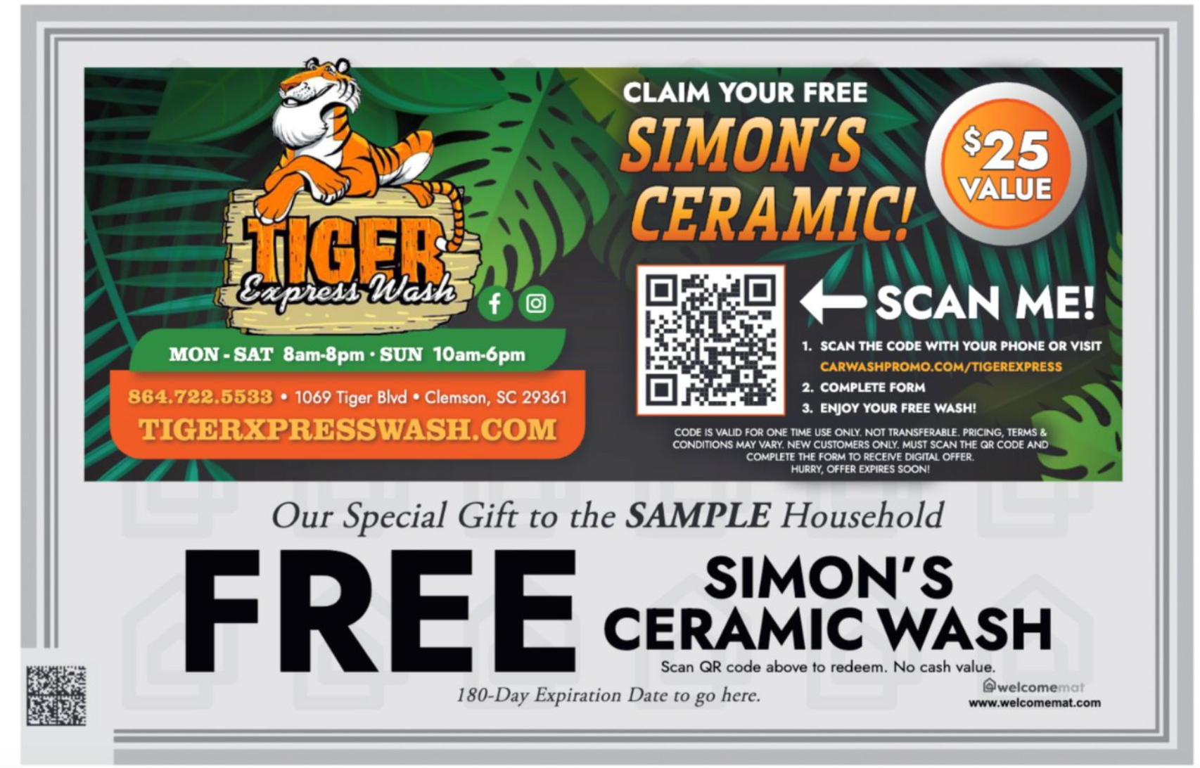 Custom Welcomemat jumbo postcard creative for Tiger Express Wash offering a free ceramic wash with QR code Custom Welcomemat jumbo postcard creative for Tiger Express Wash offering a free ceramic wash with QR code
