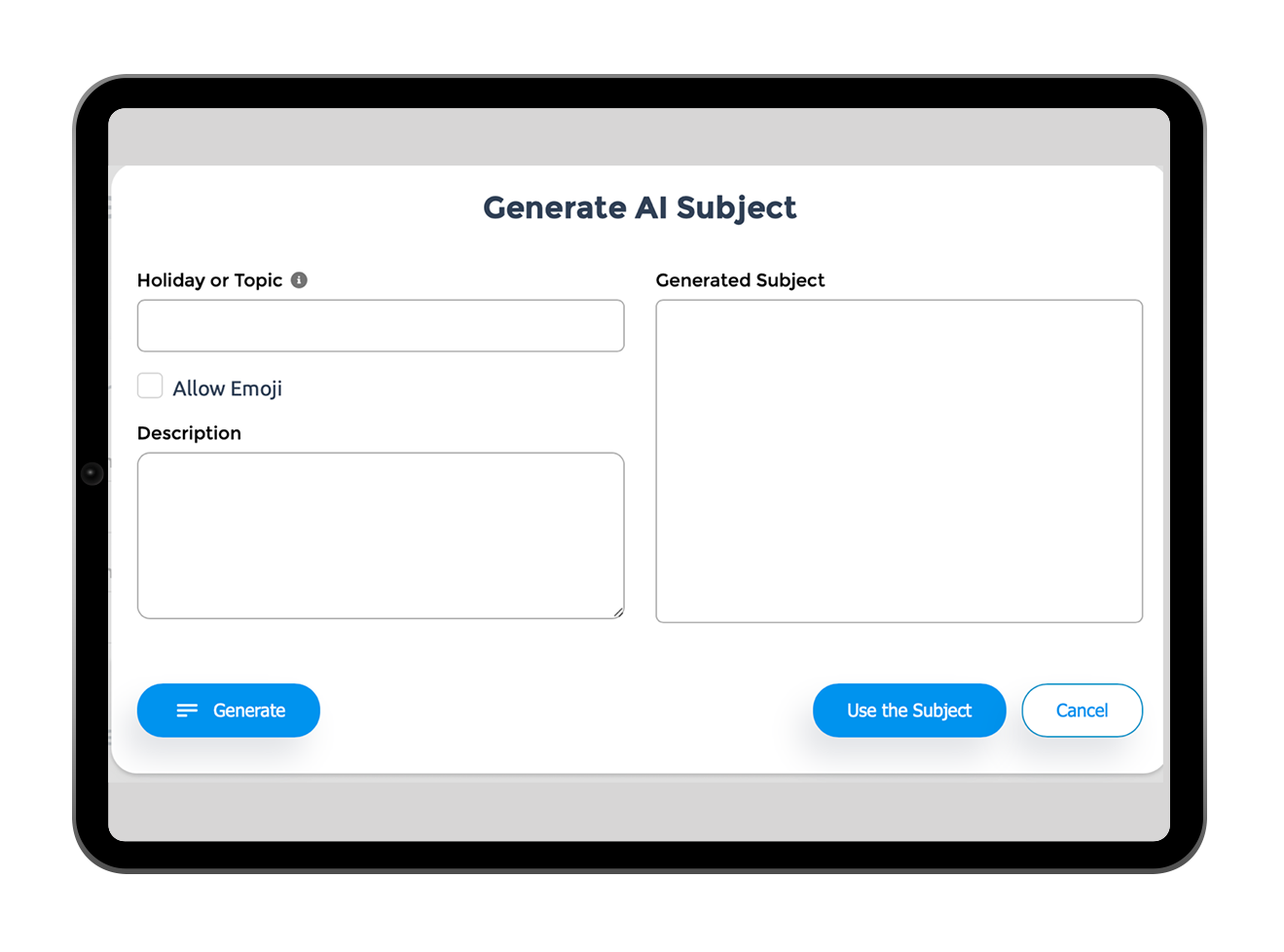 Laptop screen showing a the Welcomemat AI subject line generator