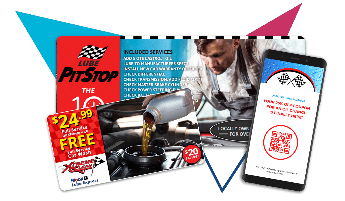 Lube PitStop promotional materials: oil change coupon, technician pouring oil, and mobile app displaying QR code.