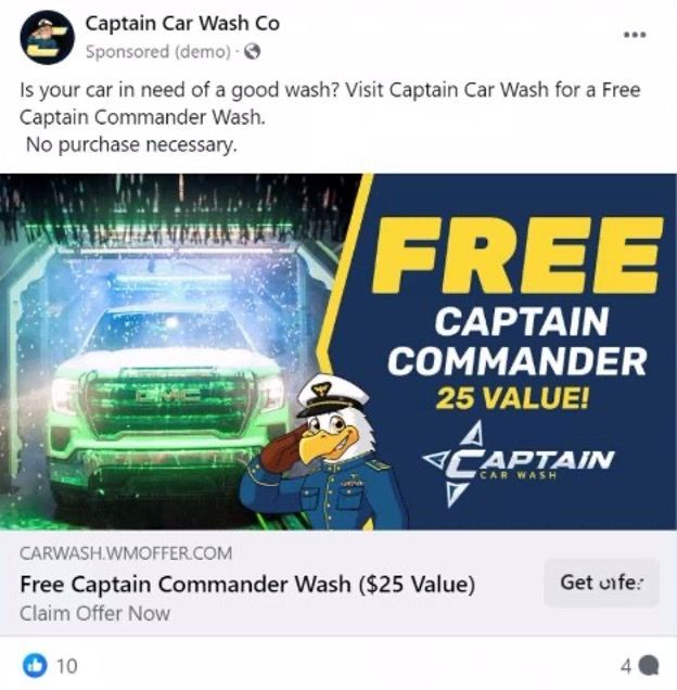 Sample Advertisement: a free $25 car wash. A cartoon eagle in a captain's uniform and a green truck in a car wash.