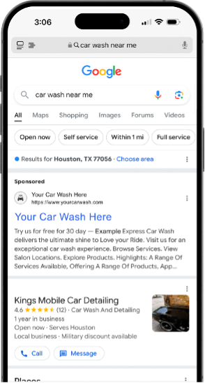 Mobile Google search for car wash near me showing a coordinated digital ad that reinforces a Welcomemat direct mail campaign Mobile Google search for car wash near me showing a coordinated digital ad that reinforces a Welcomemat direct mail campaign