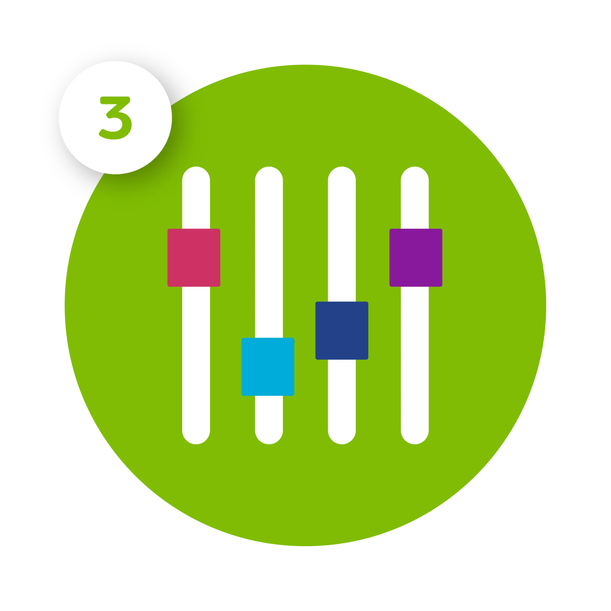 Icon with the number 3 and four vertical sliders with colored squares in a green circle.