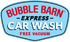 Bubble Barn Express Car Wash logo with text on a light blue background, includes 