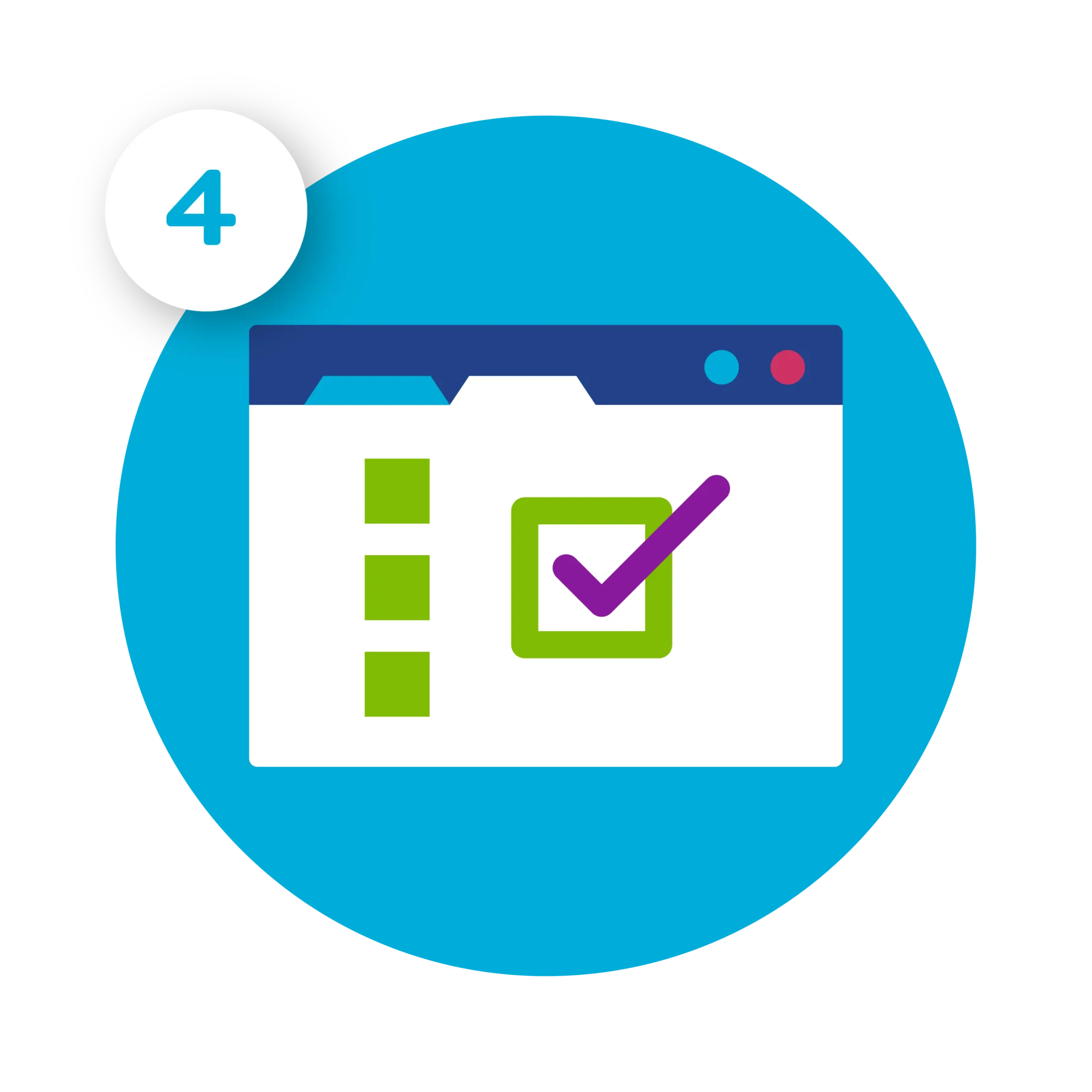 Step 4: A webpage with a green checklist icon inside a blue circle.