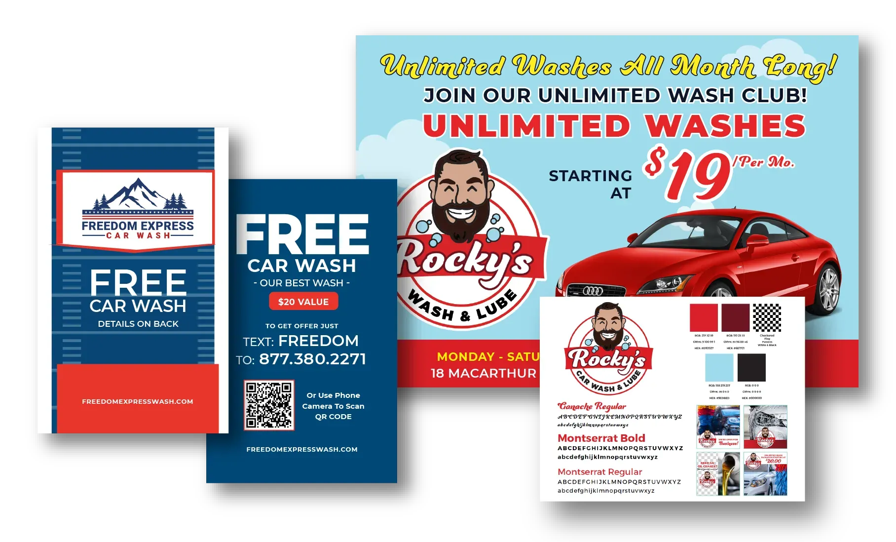 Promotional materials for Rocky's Wash & Lube car wash: signs and flyers offering free and unlimited car washes.