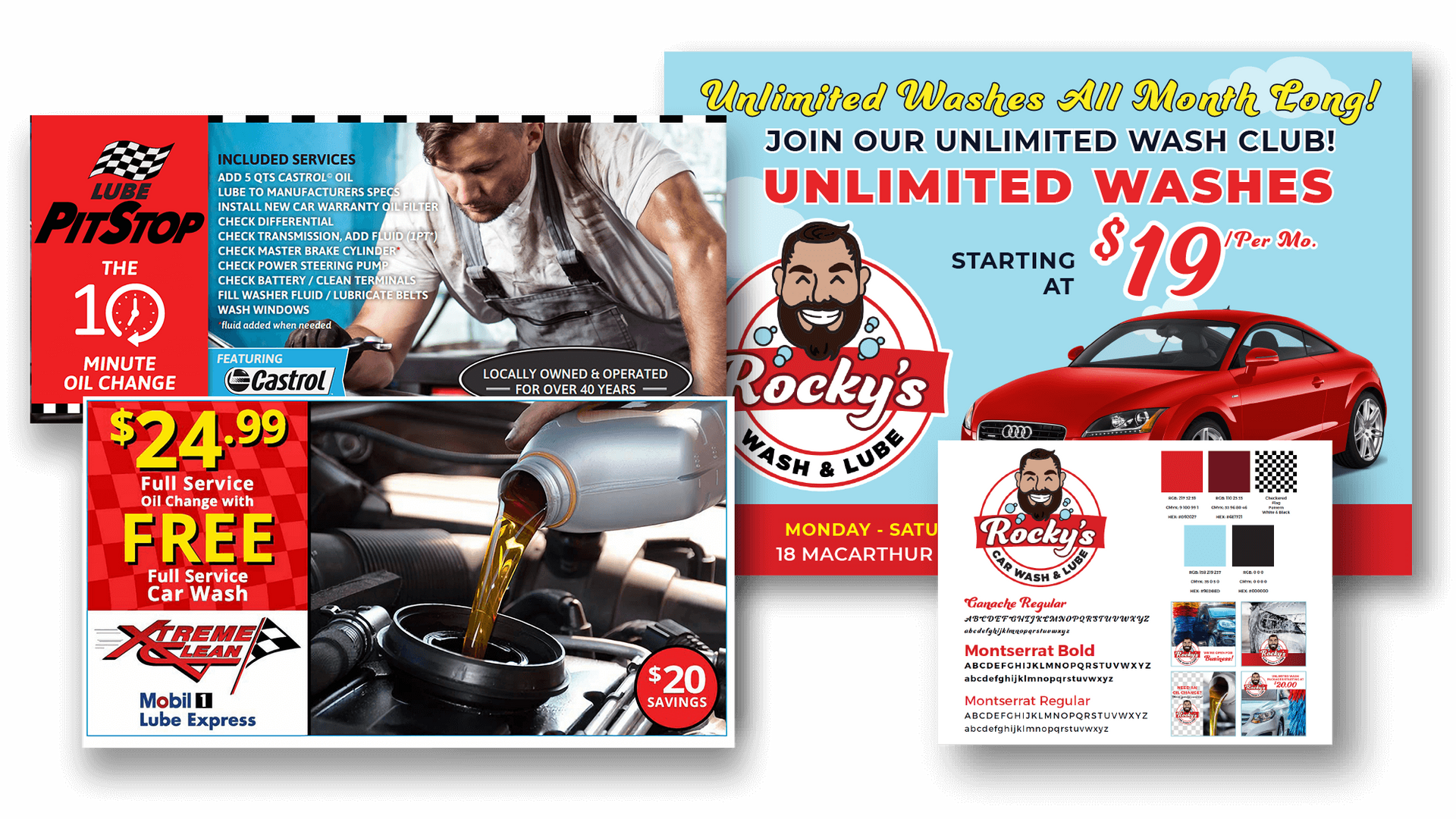Advertisements for a car maintenance shop and a car wash. One offers oil change, another offers unlimited washes.