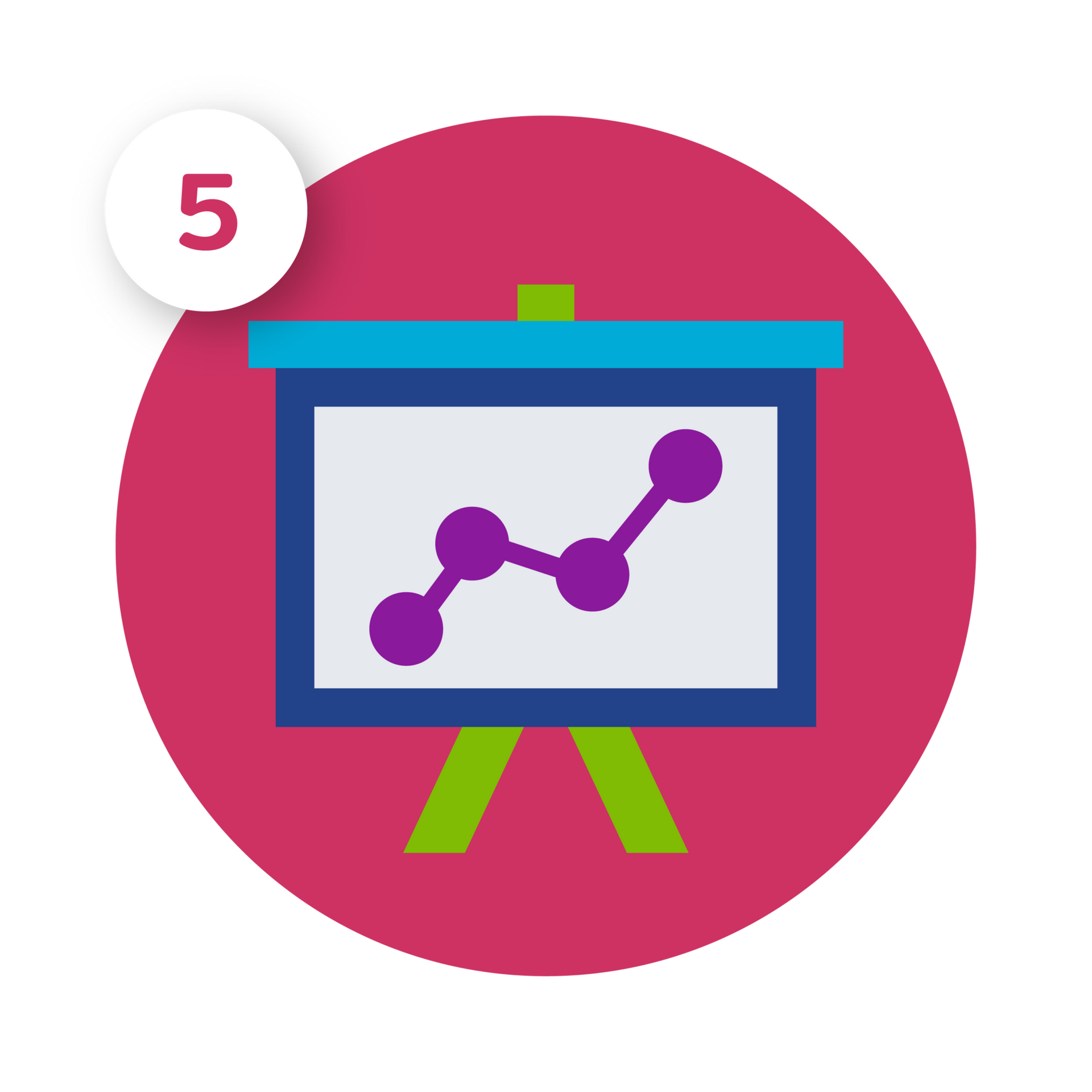 Presentation board with purple line graph, set on a magenta circle with the number 5 in a white circle.