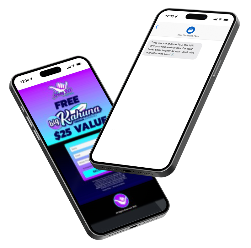 Two smartphones showing a promotional website and a text message.
