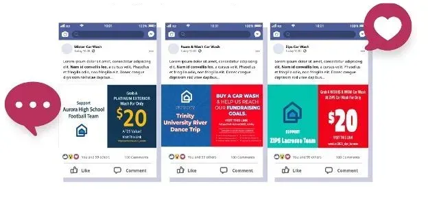 Facebook posts on three phones promoting car wash digital fundraising campaigns for local schools and teams Facebook posts on three phones promoting car wash digital fundraising campaigns for local schools and teams