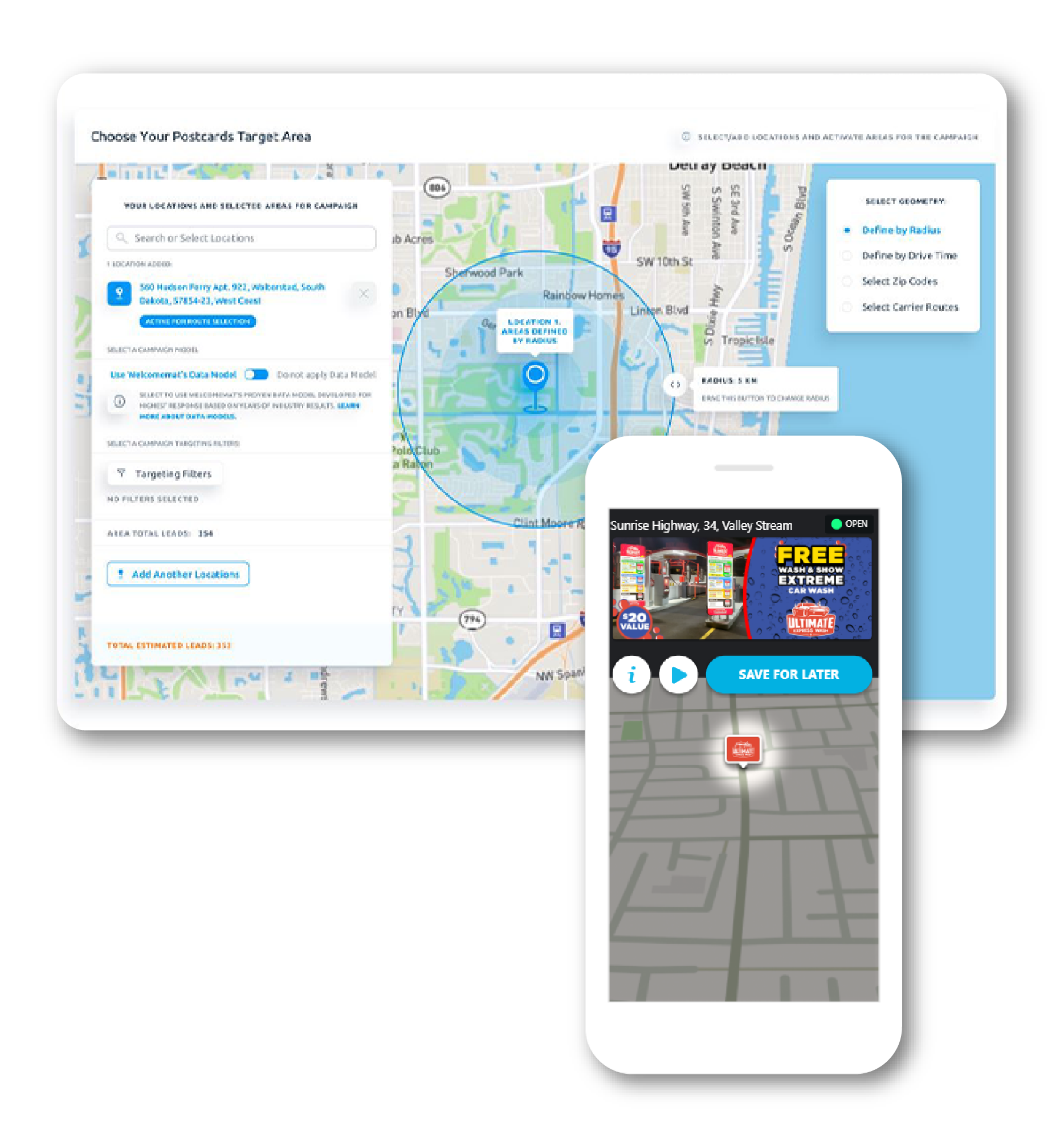 A computer screen and phone display a map with a virtual tour interface. The phone shows a map with a red icon.