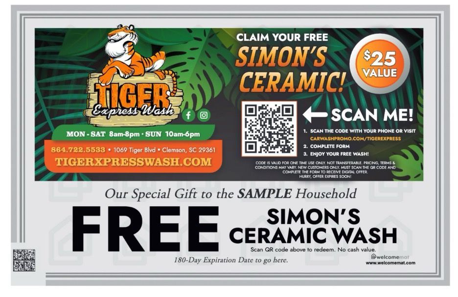 Custom jumbo car wash postcard from Welcomemat featuring a free ceramic wash offer, QR code, and new mover household personalization Custom jumbo car wash postcard from Welcomemat featuring a free ceramic wash offer, QR code, and new mover household personalization