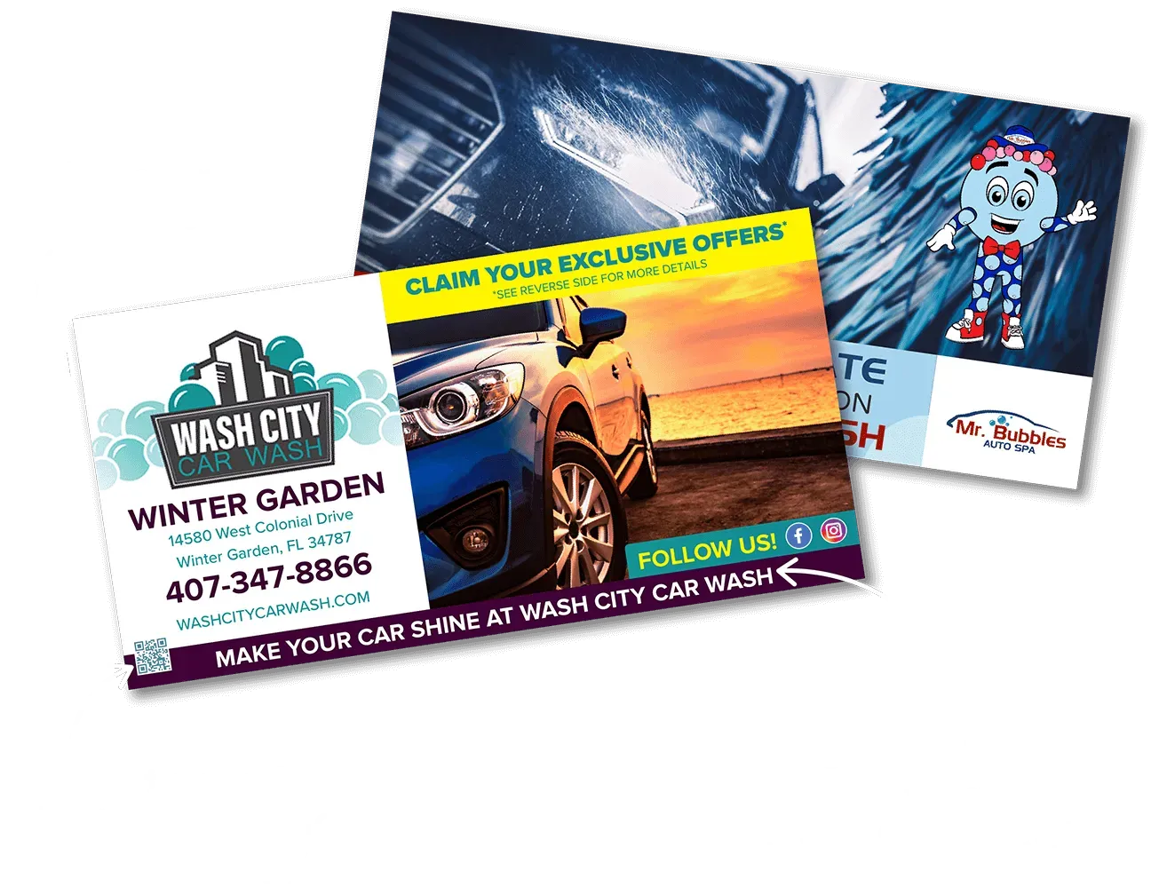 Three car wash promotional flyers. One with logo and contact info, two with car images.