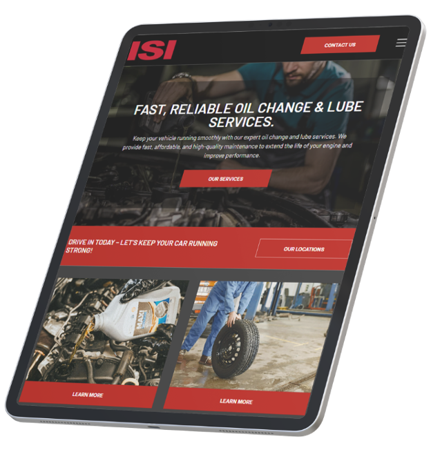 Tablet displaying ISI website, promoting fast oil change and lube services.
