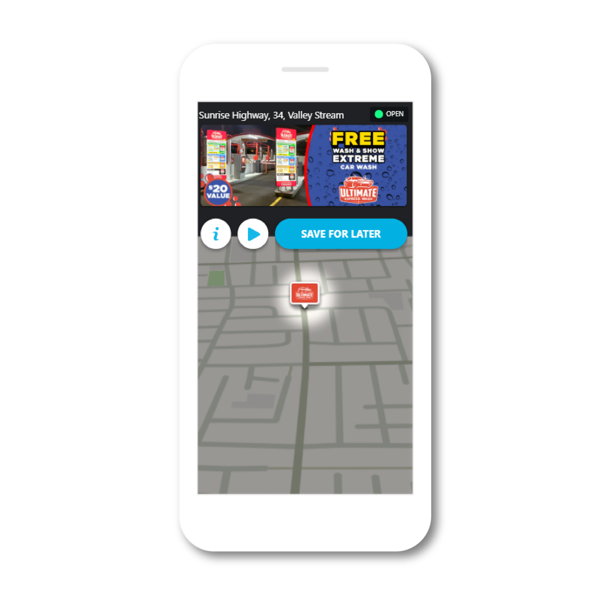 Smartphone app with map and gas station promotion. 