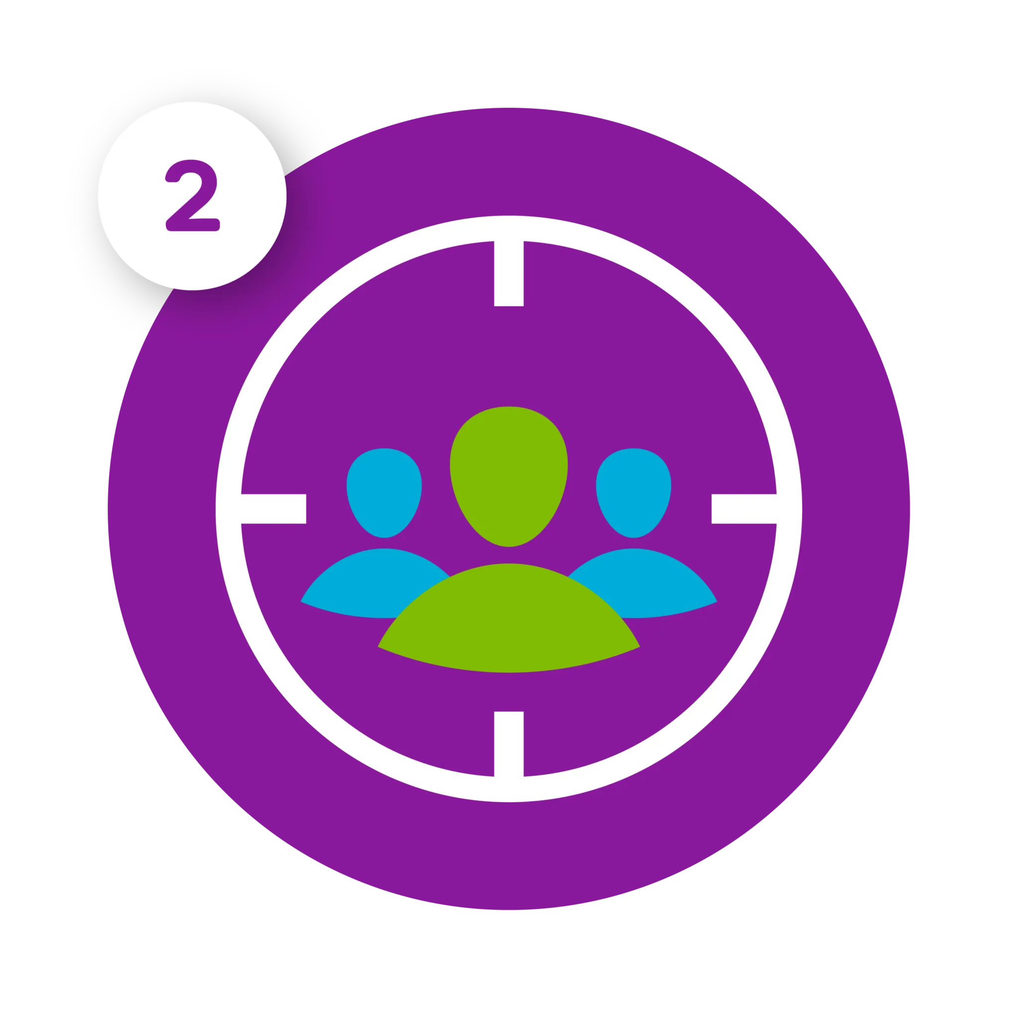 Purple circle with a target over three people: one green, two blue. Number 2 in a white circle.