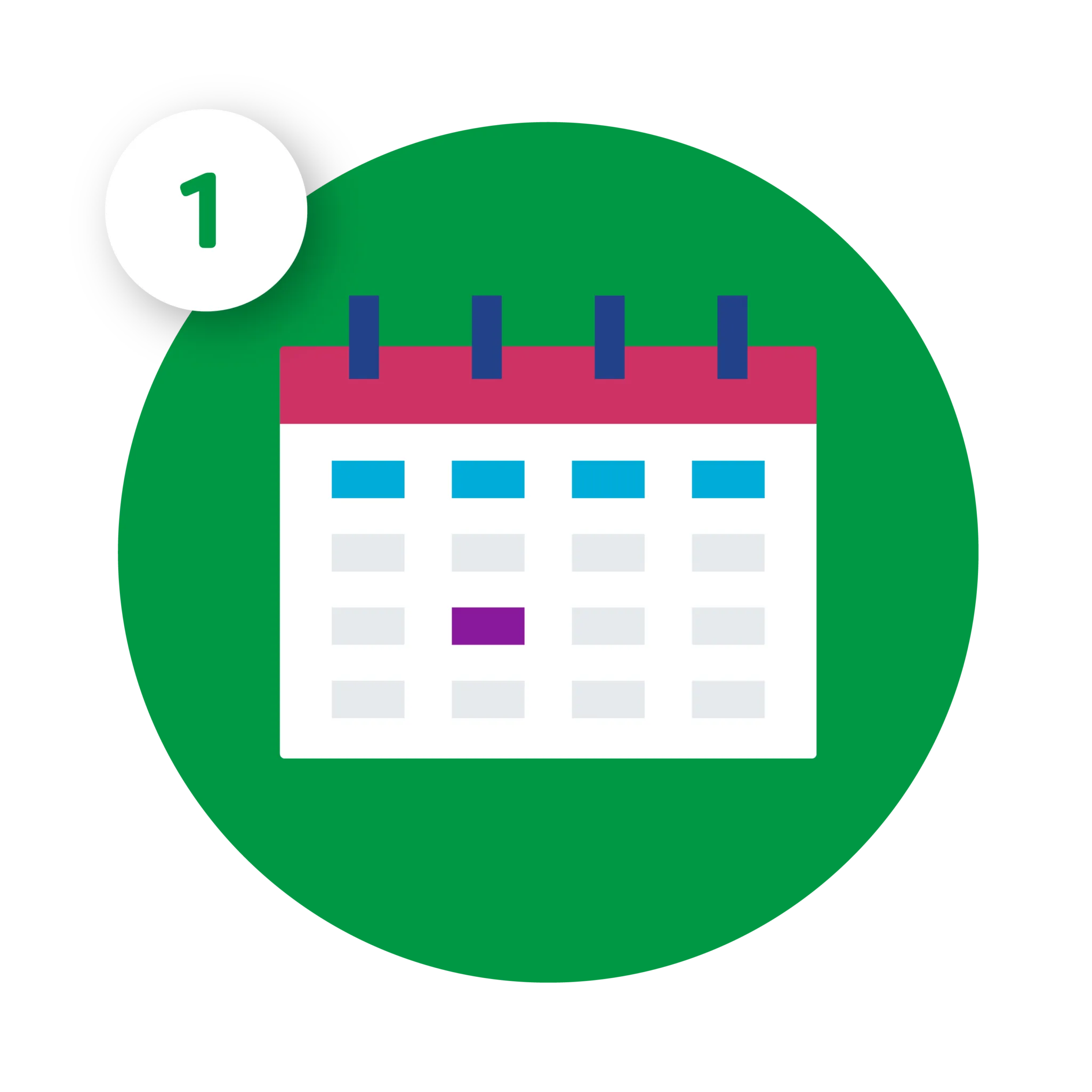 Calendar icon in a green circle, step 1.