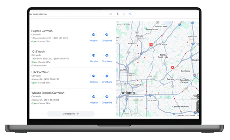 Laptop screen showing Google Maps search results for car washes in Atlanta.