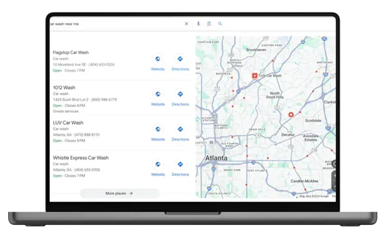 Laptop showing Google local SEO results for car wash near me on a Welcomemat website Laptop showing Google local SEO results for car wash near me on a Welcomemat website