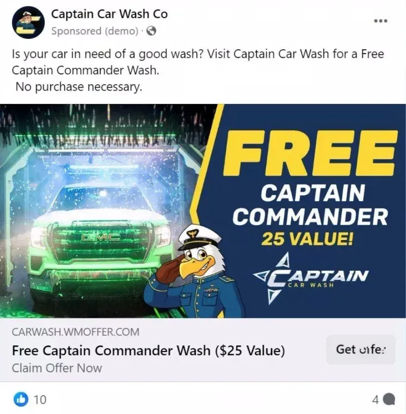 Facebook car wash social post created by Welcomemat for Captain Car Wash Co promoting a free wash offer for local discovery Facebook car wash social post created by Welcomemat for Captain Car Wash Co promoting a free wash offer for local discovery