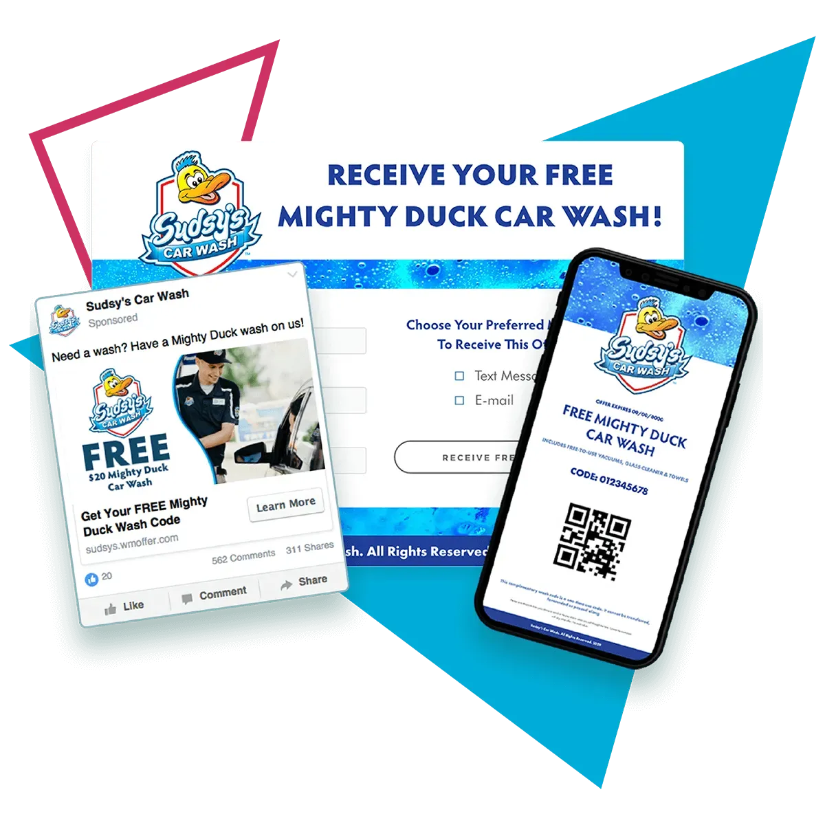 Promo for Mighty Duck Car Wash: Facebook post, online form, and phone with QR code for a free wash.