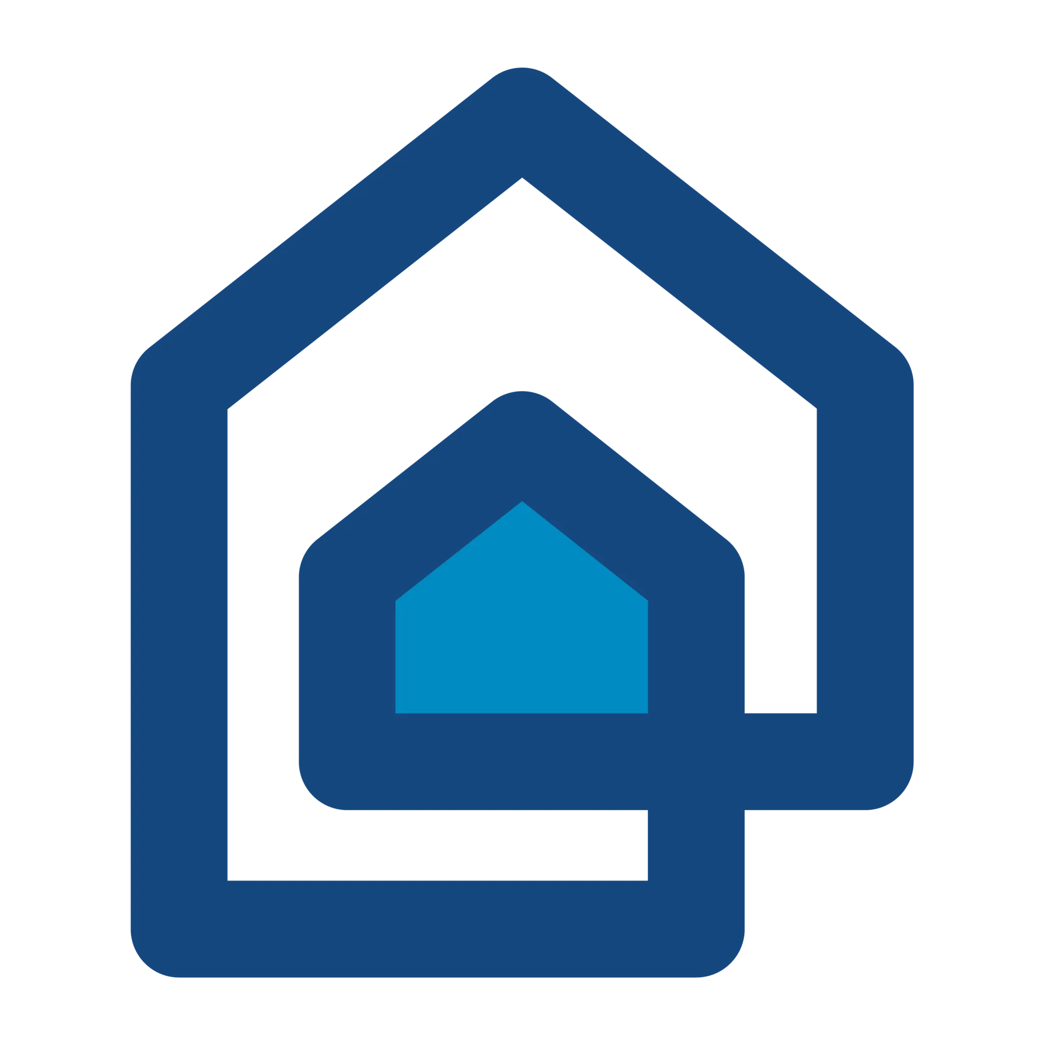 Blue house logo with nested house shapes.
