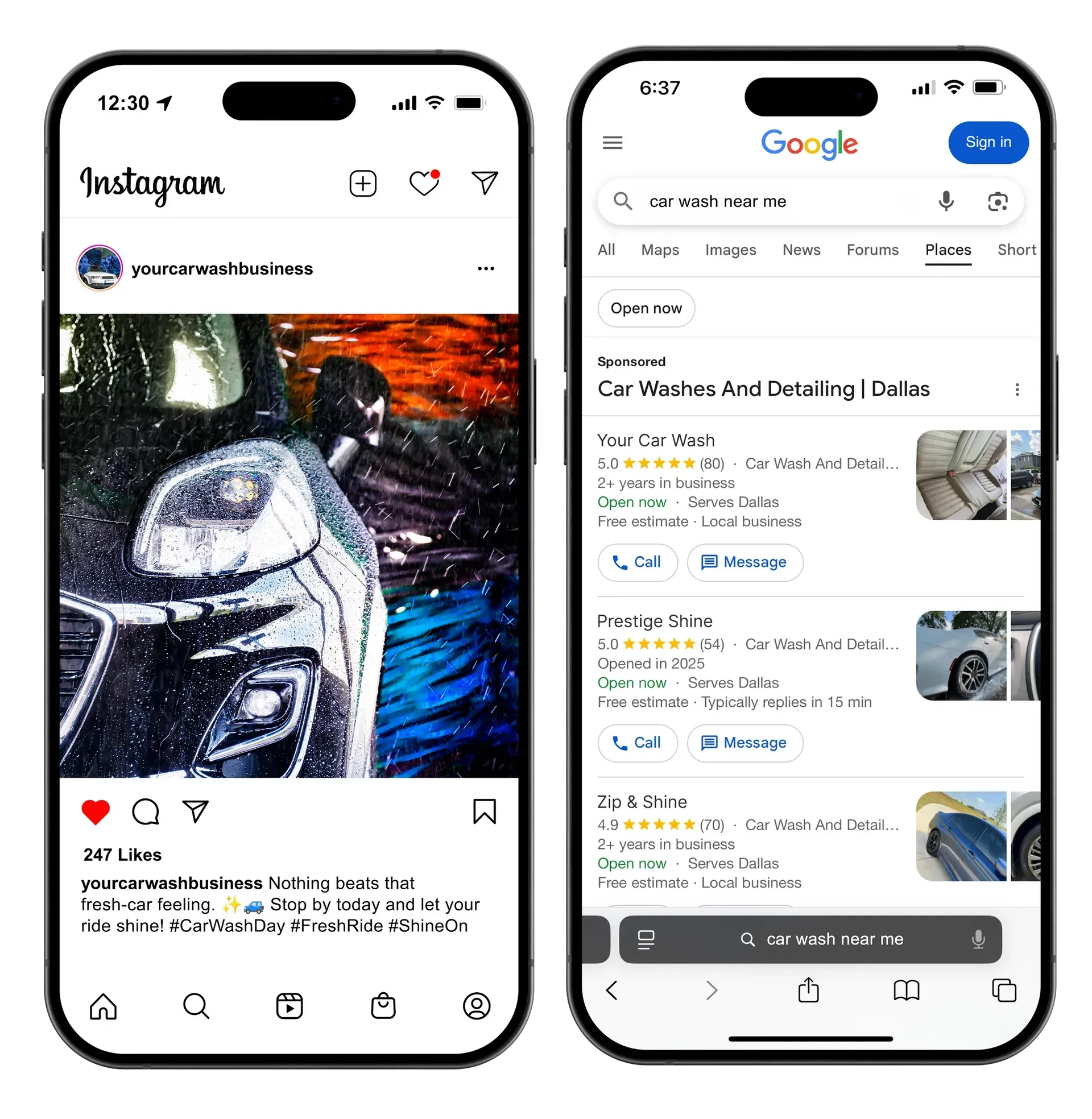 Welcomemat organic social and reputation management graphic showing Instagram car wash content and Google local reviews on two phones Welcomemat organic social and reputation management graphic showing Instagram car wash content and Google local reviews on two phones