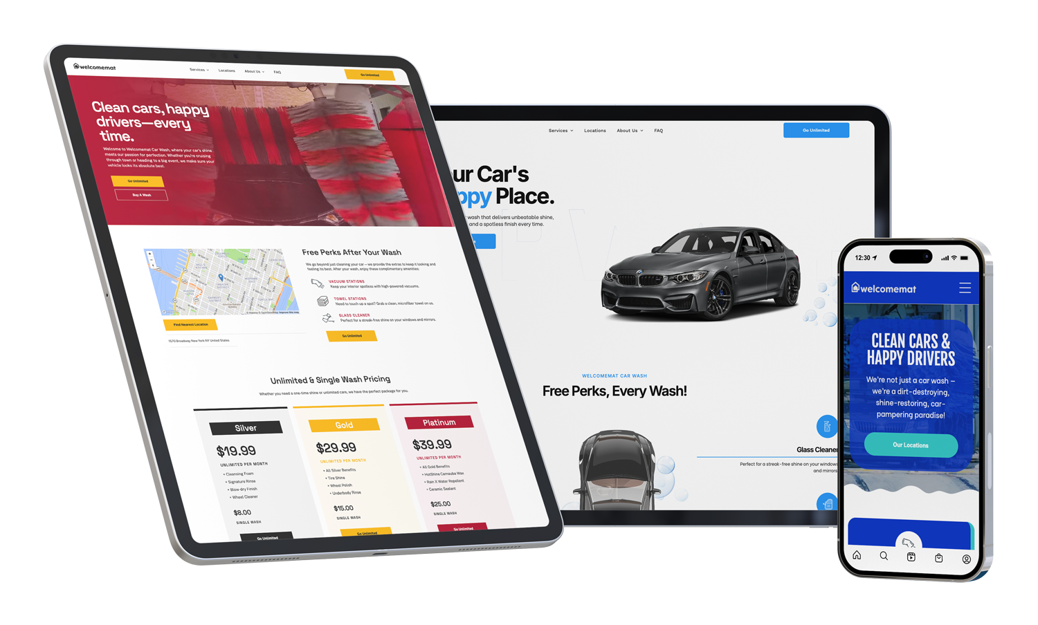 Three devices displaying a website: a tablet, a computer, and a phone, showcasing car rental services.