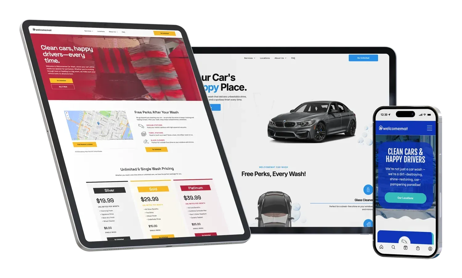Welcomemat AI-powered car wash website design examples on desktop and mobile Welcomemat AI-powered car wash website design examples on desktop and mobile