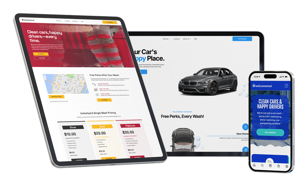 Website displayed on tablet, computer, and phone, showing car images and pricing information.