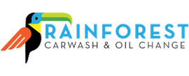 Logo for Rainforest Carwash & Oil Change: a toucan with the words 