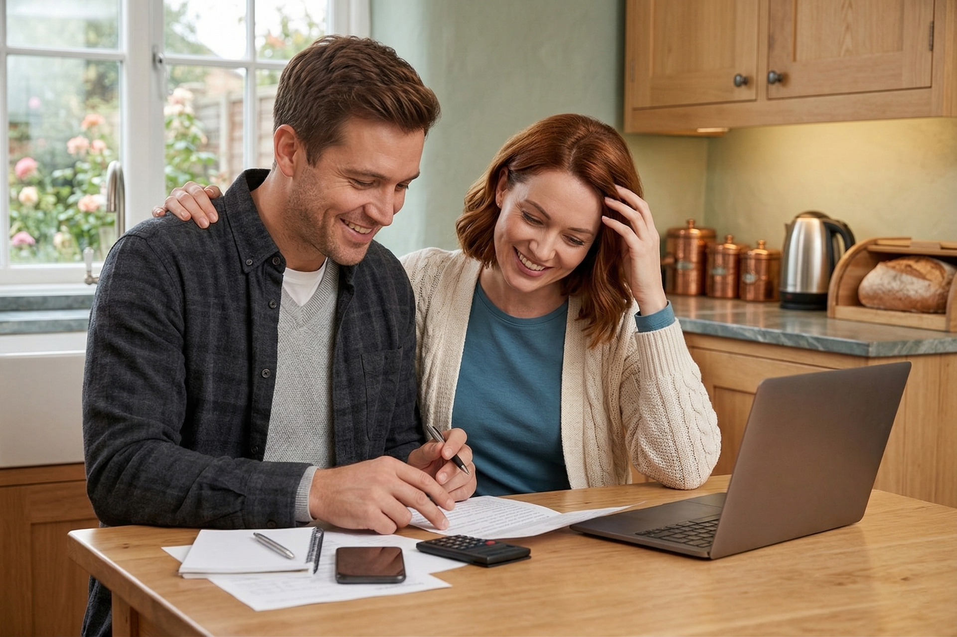 A smiling couple sits at a wooden kitchen table, looking at documents and a laptop while managing household finances.