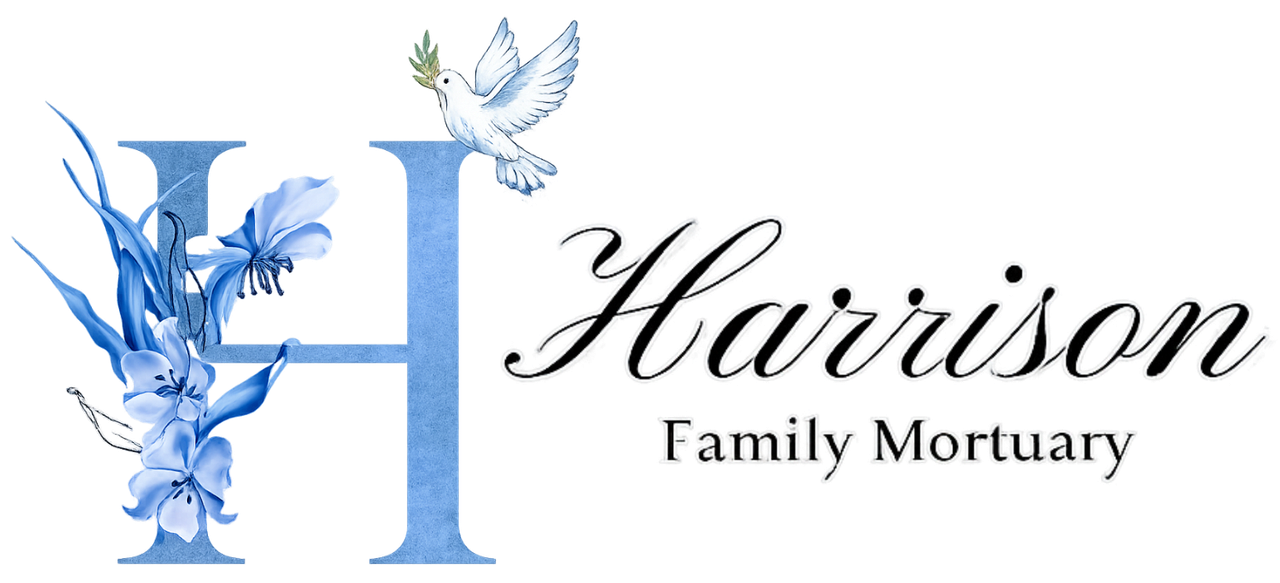 Logo for Harrison Family Mortuary featuring a large blue letter H, blue flowers, and a white dove.