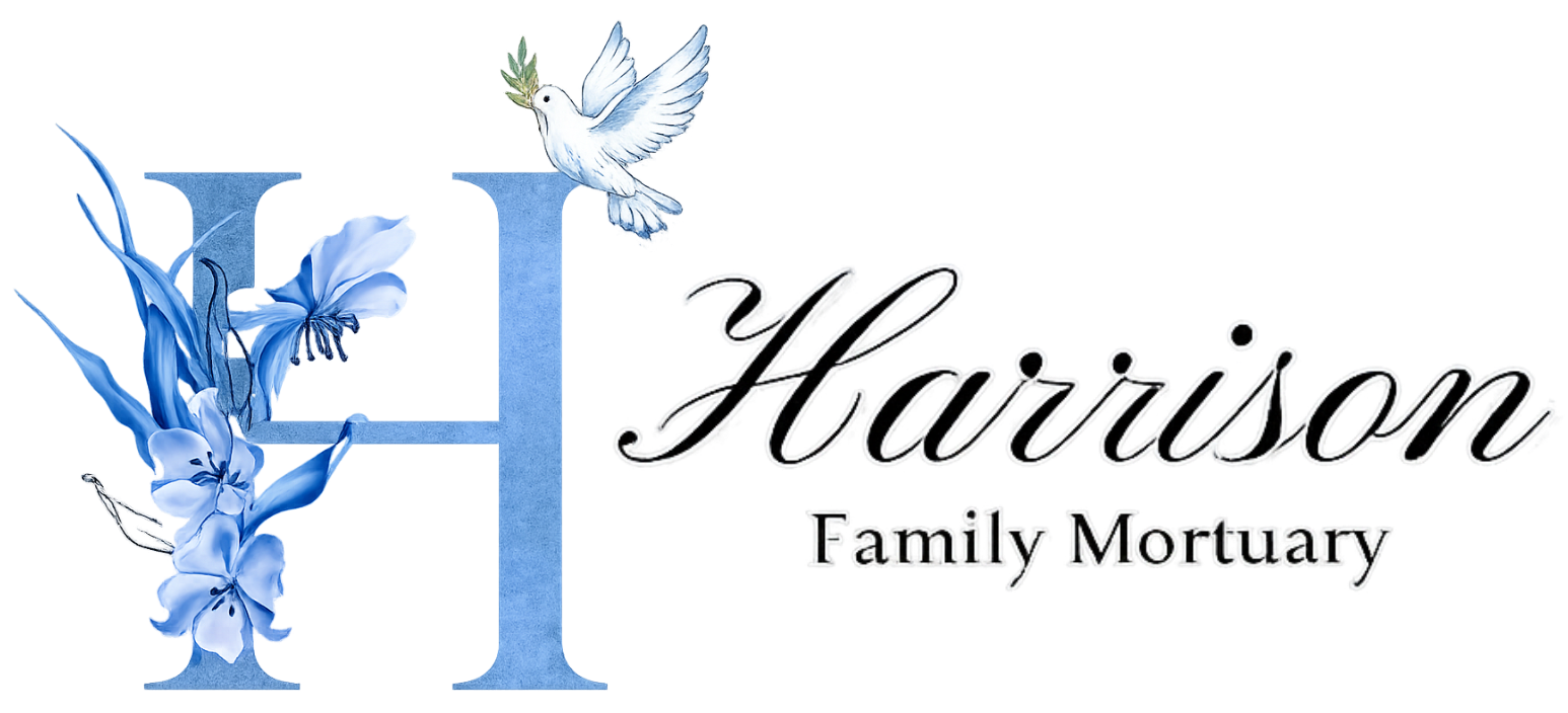 Logo for Harrison Family Mortuary featuring a large blue letter H, blue flowers, and a white dove.