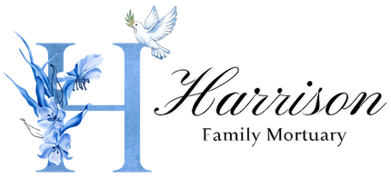 Logo for Harrison Family Mortuary featuring a large blue letter H, blue flowers, and a white dove.