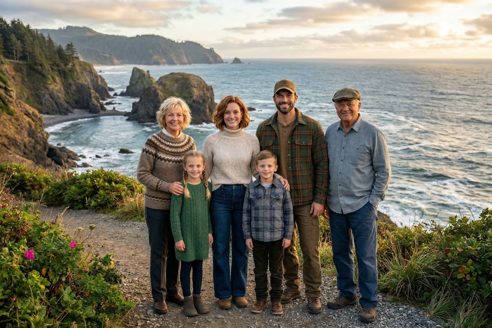 A family stands on a path overlooking the ocean at sunset, smiling toward the camera.