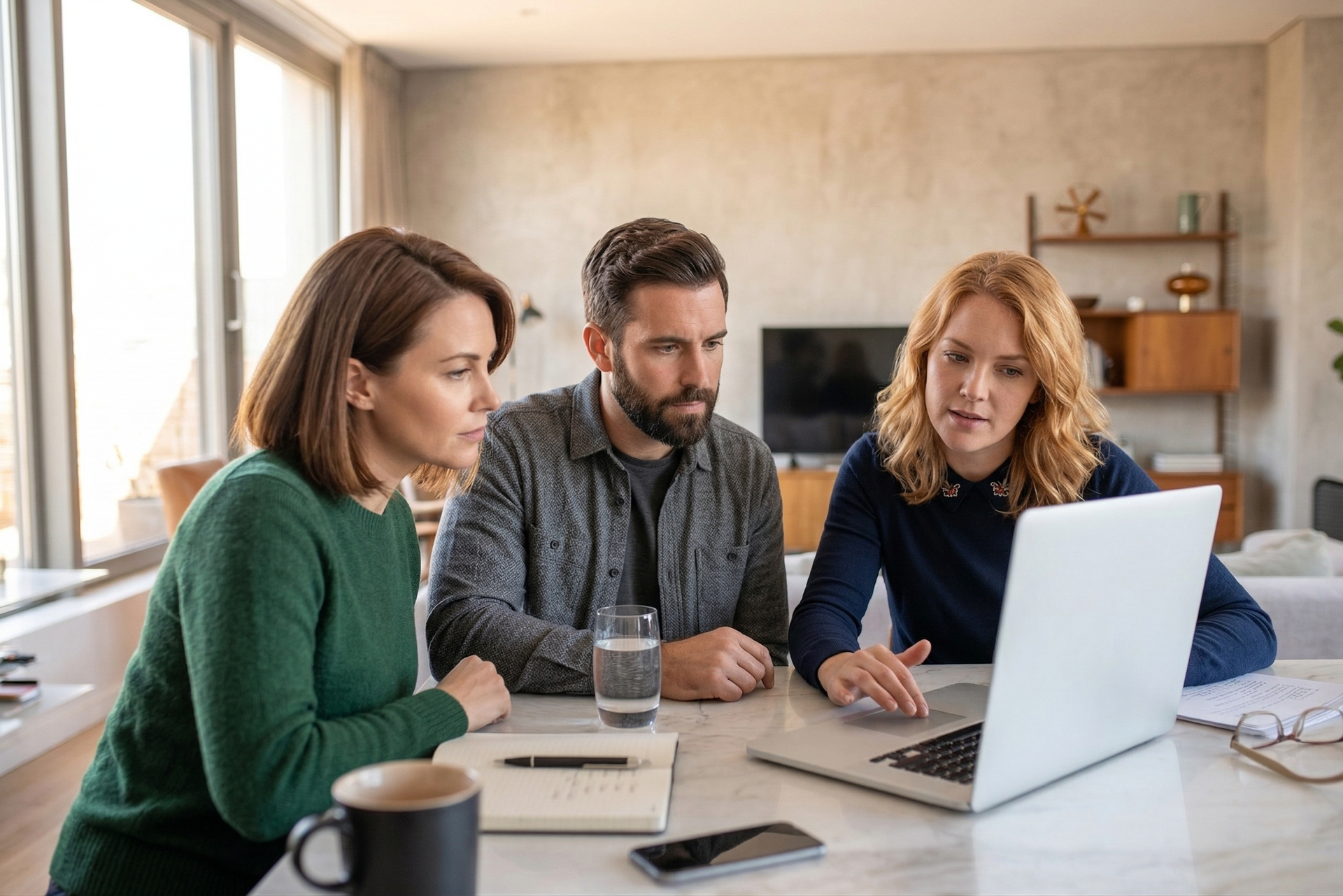 Three people sit at a table looking at a laptop together in a brightly lit, modern living space.