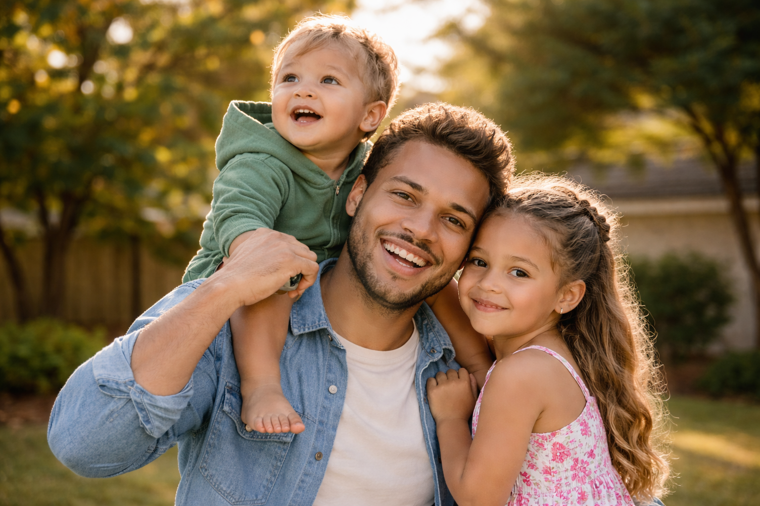 A smiling parent carries a child on their shoulders while another child stands beside them outdoors in golden sunlight.