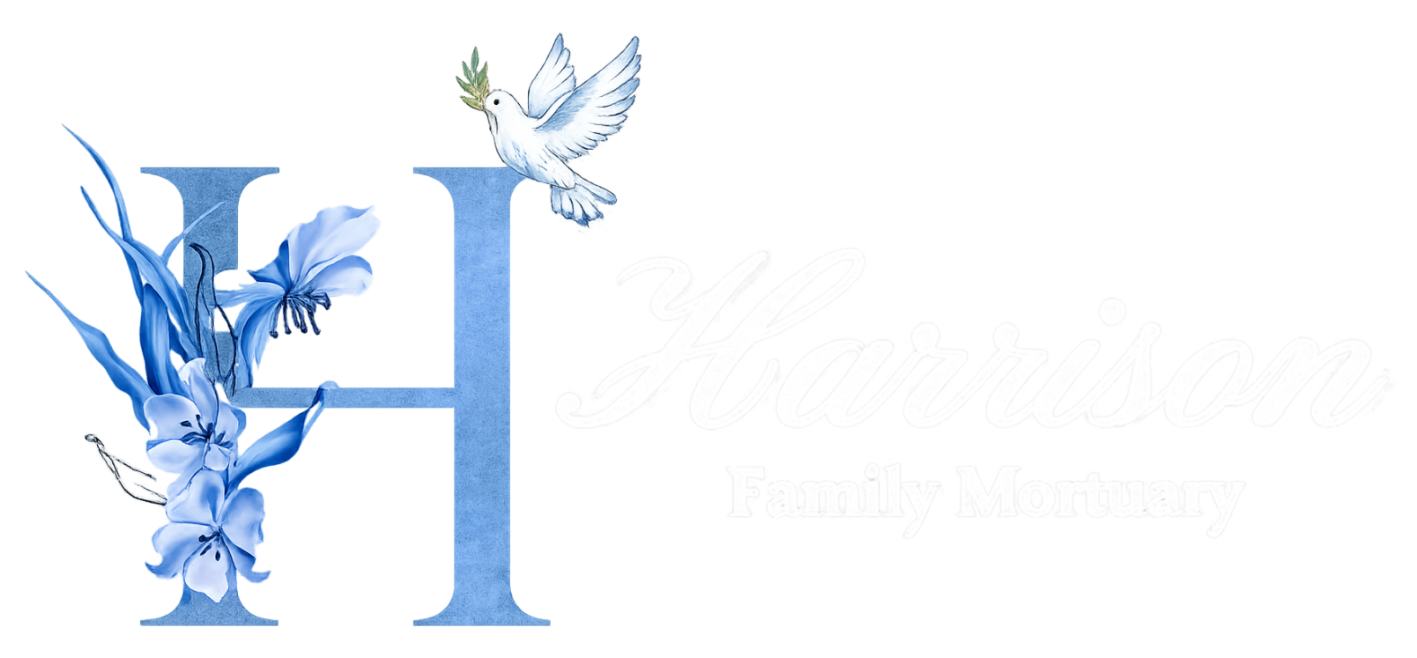 Logo for H&M Family Dentistry featuring a blue letter H decorated with blue flowers and a dove holding a branch.