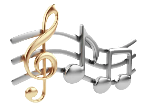 A gold treble clef followed by two silver beamed eighth notes on a metallic staff.