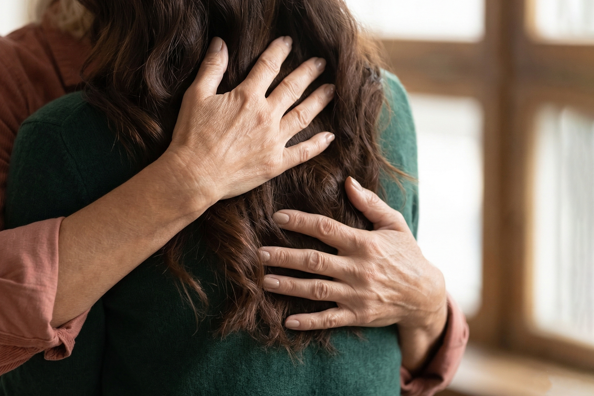 Close-up of a person wearing a green sweater being embraced from behind by another person in an orange top.