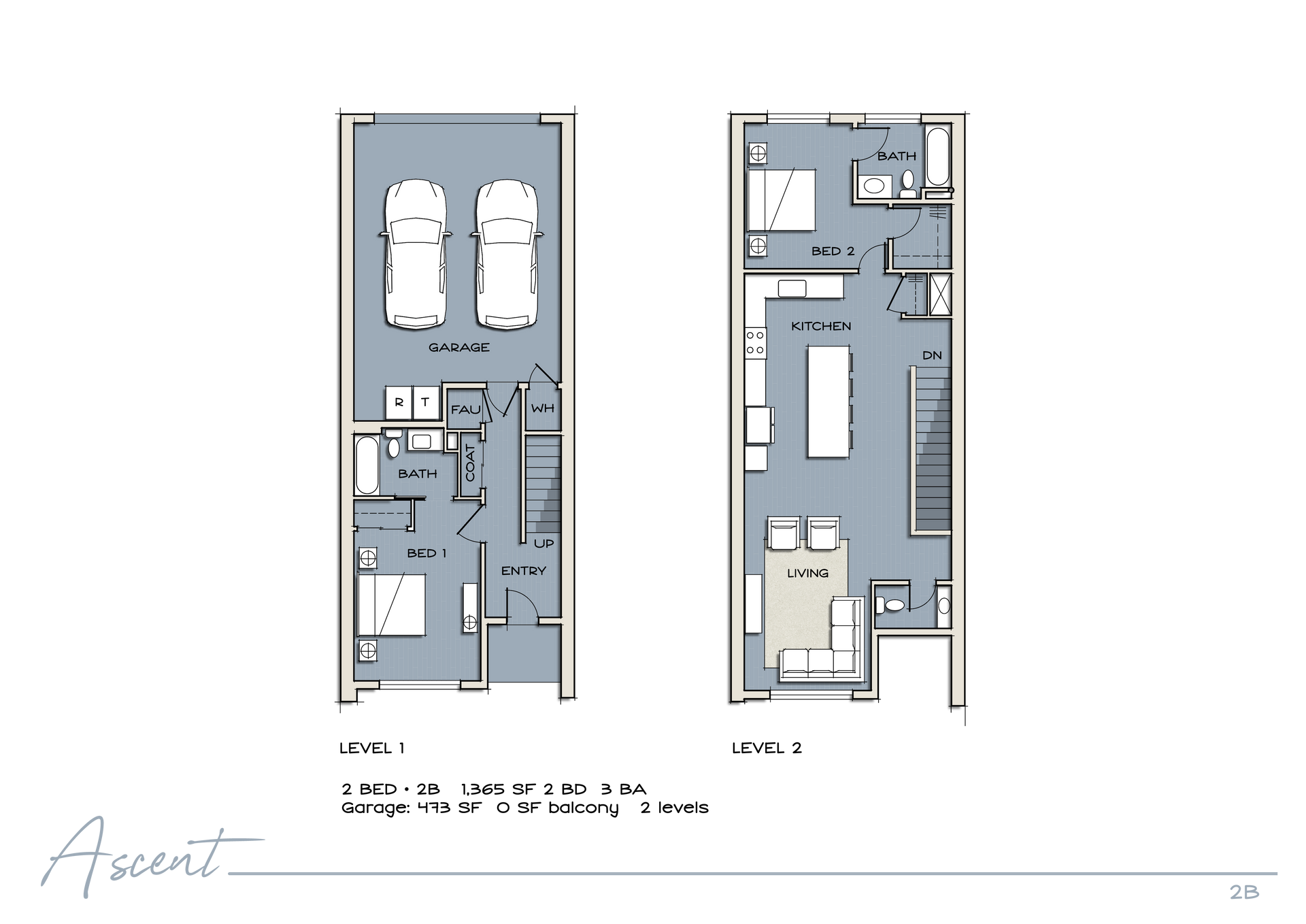 Two side-by-side apartment floor plans with rooms and furniture layout on a white background