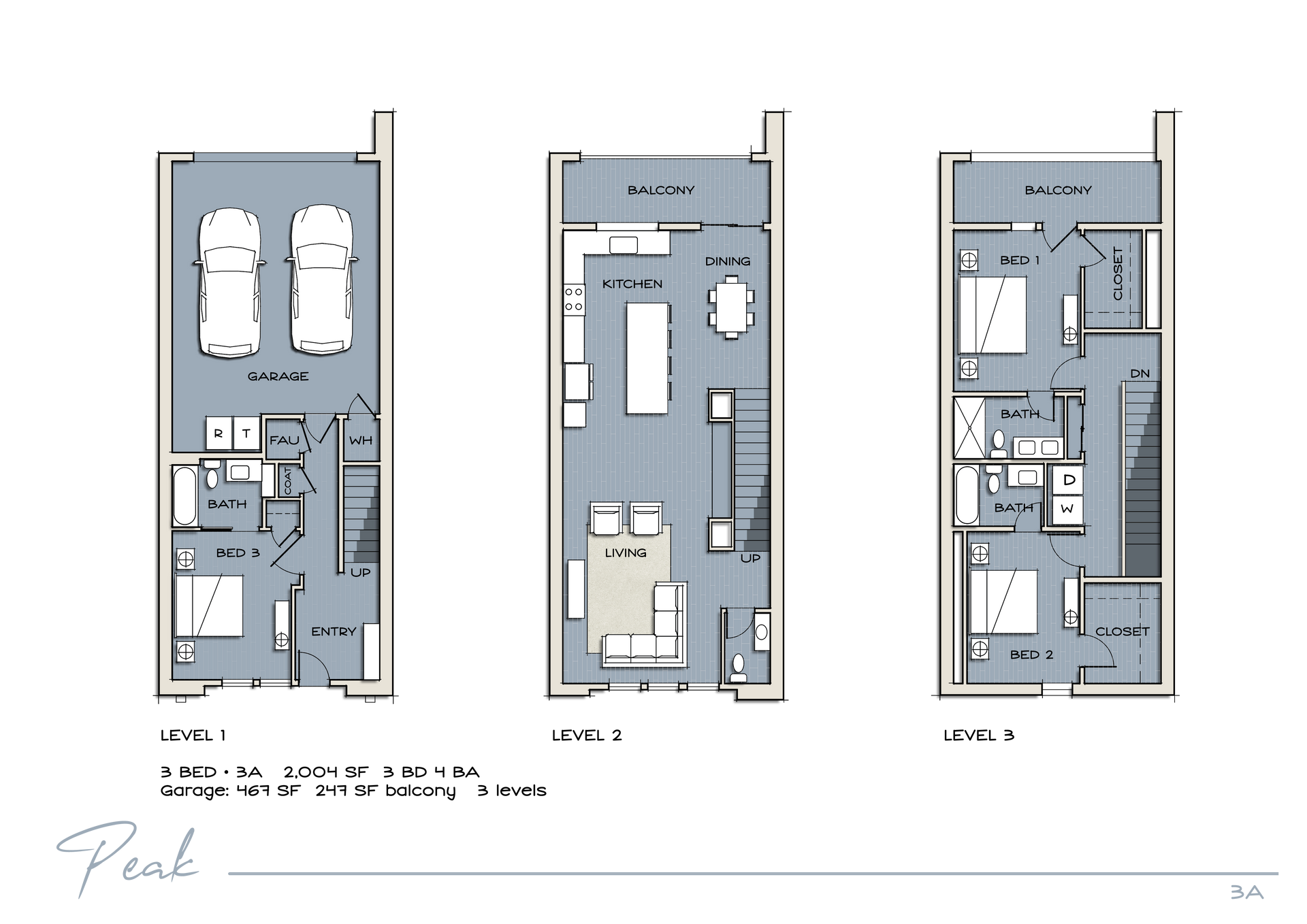 Three gray architectural floor plan layouts shown side by side on a white background.