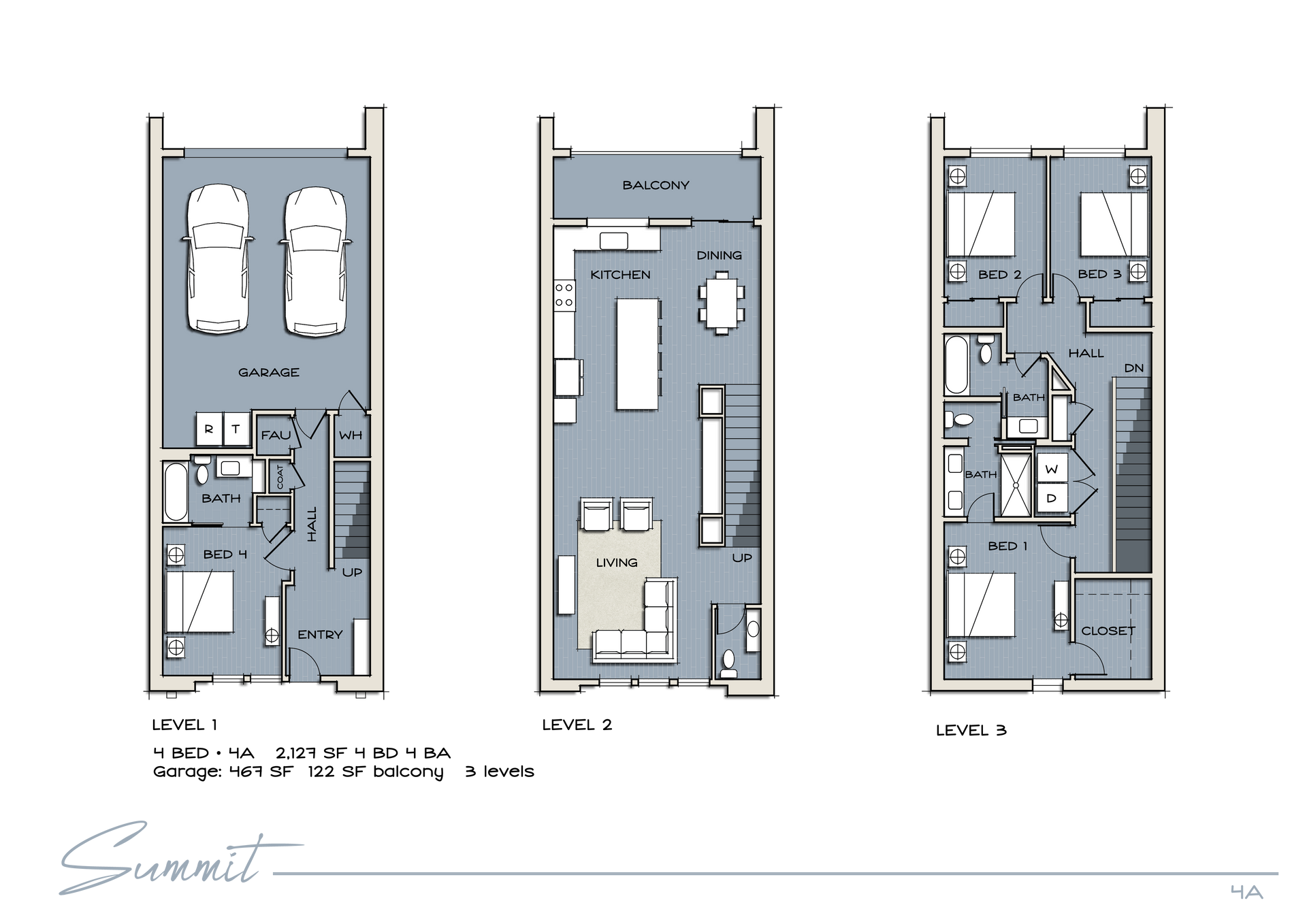 Three vertical floor plan diagrams showing interior layouts in gray and blue.